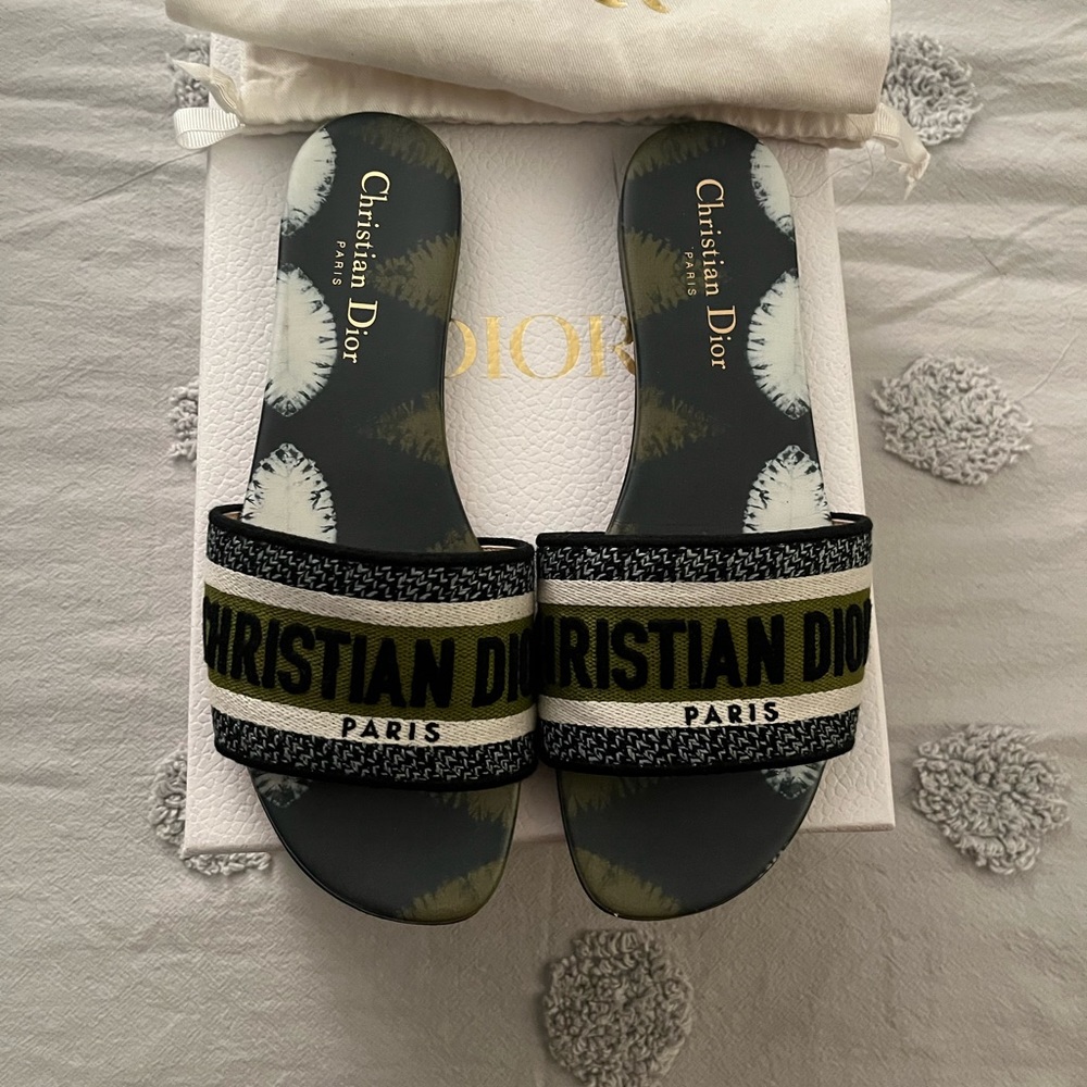 Christian Dior Dway Green Tie Dye Embroidered Logo Slide Mule Flat Sandal